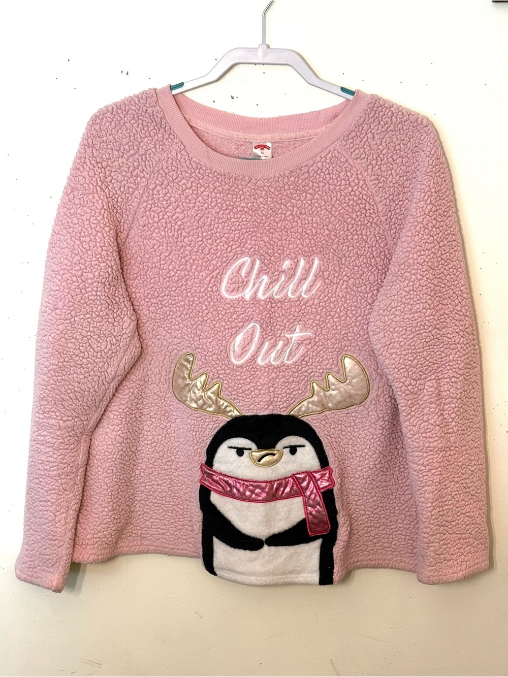 Holiday Time Pink 'Chill Out' Penguin Sherpa Pullover. Size XL. EUC.